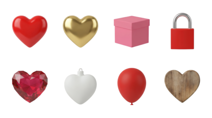 Valentine Love Set featuring Glossy Hearts Gift Box Padlock and Balloon in Realistic Style