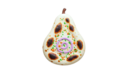 Pear-shaped tortilla with savory toppings and purple swirl