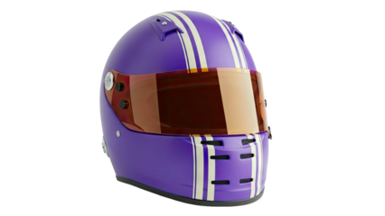 Purple racing helmet with cream stripes and tinted visor