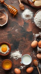 Baking Ingredients for making bread, cake, baked goods with eggs honey flour