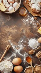 Baking Ingredients for making bread, cake, baked goods with eggs honey flour