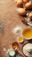 Baking Ingredients for making bread, cake, baked goods with eggs honey flour