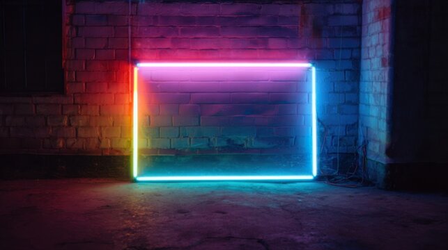 Glowing neon rectangle on brick wall at night - Powered by Adobe
