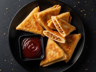 Delicious Samosas with Tomato Chutney, Indian Cuisine, Close-up