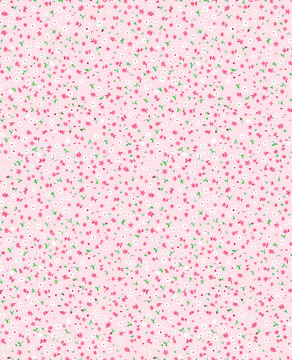 Delicate pink floral pattern with green leaves on soft background