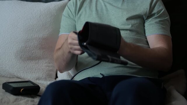 A man measures a blood pressure using a digital monitor while he sit on a couch at home. healthcare, home medical monitoring, and family care for heart health.