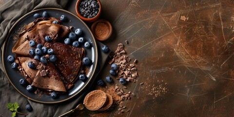 Chocolate Crepes Pancake with Blueberries Brown Rustic Texture Background