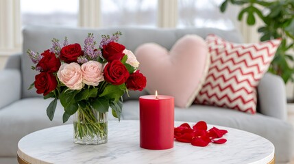 Romantic Valentine's Day setting with roses, candle, and heart pillow