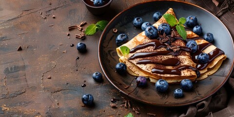 Chocolate Crepes Pancake with Blueberries Brown Rustic Texture Background