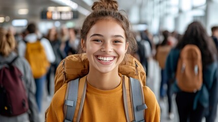 Smiling young woman traveling with backpack in airport