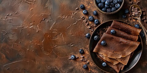 Chocolate Crepes Pancake with Blueberries Brown Rustic Texture Background