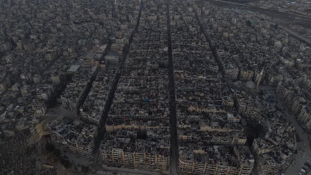 Drone shot of Syria showing buildings destroyed by the war, infrastructure and reconstruction.