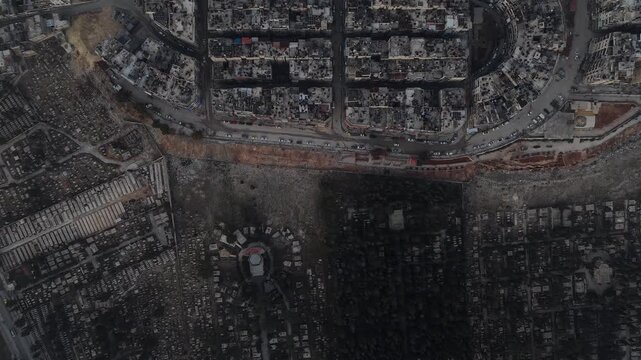 Drone shot of Syria showing buildings destroyed by the war, infrastructure and reconstruction.