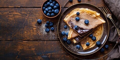 Chocolate Crepes Pancake with Blueberries Brown Rustic Texture Background