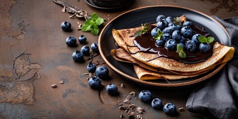 Chocolate Crepes Pancake with Blueberries Brown Rustic Texture Background