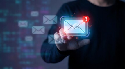 Man interacts with a glowing email notification on his hand, symbolizing modern digital communication and connectivity in a futuristic setting.