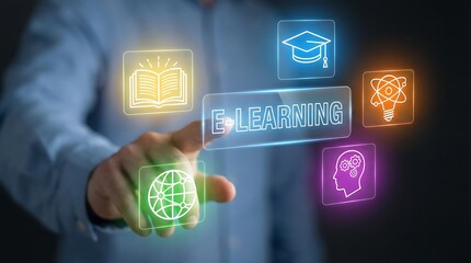 E-learning concept with icons of book, graduation cap, light bulb, head with gears, and globe on a person's hand