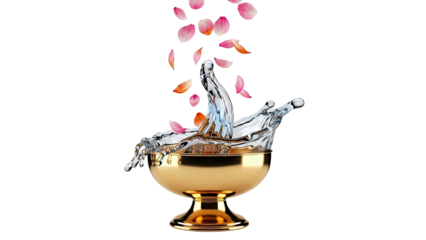 Golden Chalice with Water Splash and Falling Petals