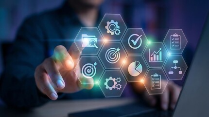 Businessman engaging with advanced data analysis interface on laptop, representing modern business strategy and innovation