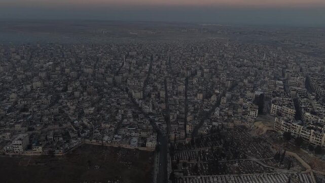 Drone shot of Syria showing buildings destroyed by the war, infrastructure and reconstruction.