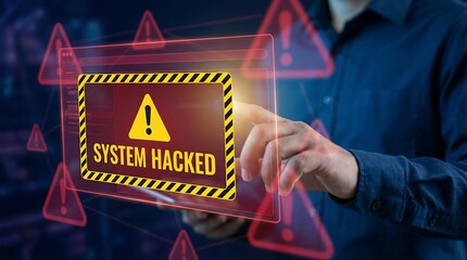 A man interacts with a transparent screen displaying a system hacked warning sign, indicating a security breach or cyber attack, with a sense of danger and risk.