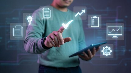 Businessman engaging with futuristic digital interface for enhanced productivity and growth. Ideal for illustrating concepts of innovation, technology, and business strategy.