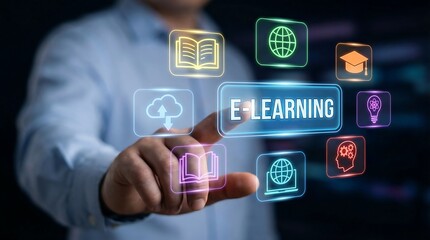 E-learning concept with glowing icons and hand interaction, representing modern digital education and skill development