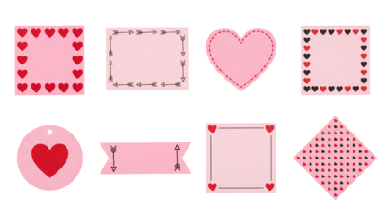 Valentine Love Stationery Set with Heart Frames Arrow Banners and Note Labels in Pink Hand-drawn Style