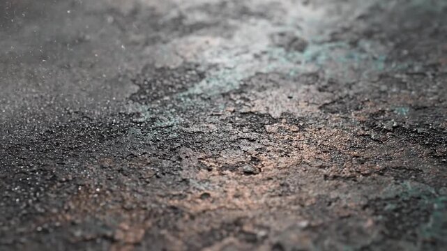 Detailed close-up of a rugged, oxidized metallic surface with dark, copper, and teal tones