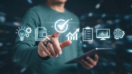 Businessman engaging with futuristic digital interface for strategic planning and growth, conveying innovation and success in a modern workspace.