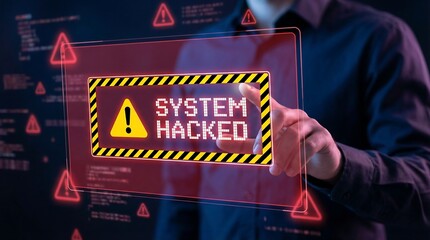 A person interacts with a futuristic transparent screen displaying a system hacked warning sign, indicating a cyber attack or security breach, with a sense of danger and urgency.