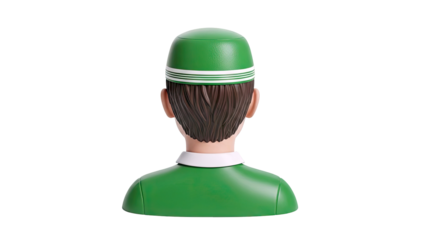 Person in green uniform and cap, back view