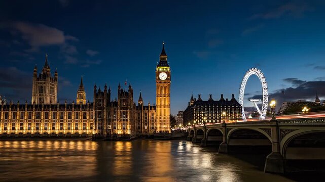 London Westminster Bridge night timelapse with Big Ben and London Eye