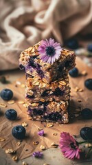 Baked Oatmeal Squares with Blueberries Cornflowers Beige Background