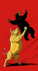 A golden polygonal bull defeats a black bear, a concept of a bull market winning over a bear market for finance and investment.