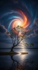 Inspiration and imagination background concept. A fantasy landscape with a lone tree and boat under a spiral galaxy night sky.