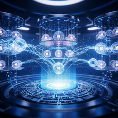 Futuristic quantum computer core processor processing data. Qubits suspended over a glowing circuit board with light trails.