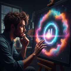 AI-Powered Creativity : An artist collaborates with generative artificial intelligence on a digital canvas, exploring the future of art and technology.
