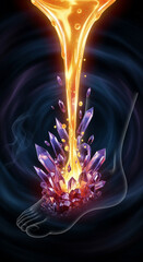 Medical illustration of gout in the foot. X-ray view shows painful uric acid crystals forming in the ankle and toe joints. Podiatry concept.