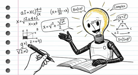 AI as a Study Buddy : A friendly lightbulb-headed robot explains complex mathematical formulas on a notebook, symbolizing AI-powered education and problem-solving.