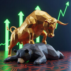 Iconic bull market concept: a golden bull stands over a defeated bear with rising arrows and charts in the background.