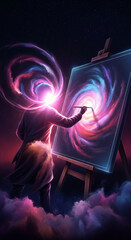 An artist with a cosmic mind, a swirling nebula for a head, paints a vibrant galaxy onto a canvas, symbolizing the infinite creativity of generative AI.