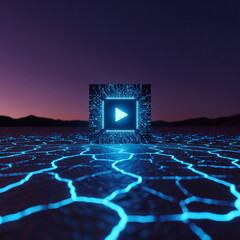 The Algorithm Core: A CPU Cube with a Play Button Powering a Vast Data Network, Symbolizing the Core Technology of Short-Form Video.