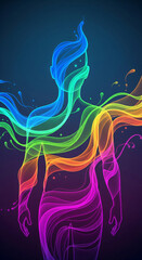 Abstract silhouette of a human body made of flowing rainbow light. Concept of aura, chakra, energy, wellness, or the metaverse.