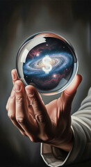 Hand holding a crystal ball with a dollar sign in a galaxy, symbolizing financial forecasting, the global economy, and opportunity.