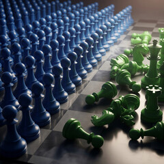 Chess board showing a defeated army, symbolizing business strategy, competition, and victory. Corporate concept background.