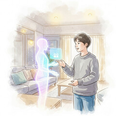 AI Companion in Daily Life : A young man interacts with a holographic virtual assistant in his home living room, showcasing a future smart home lifestyle.