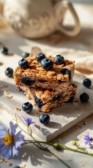Baked Oatmeal Squares with Blueberries Cornflowers Beige Background