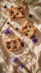 Baked Oatmeal Squares with Blueberries Cornflowers Beige Background
