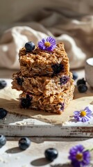 Baked Oatmeal Squares with Blueberries Cornflowers Beige Background